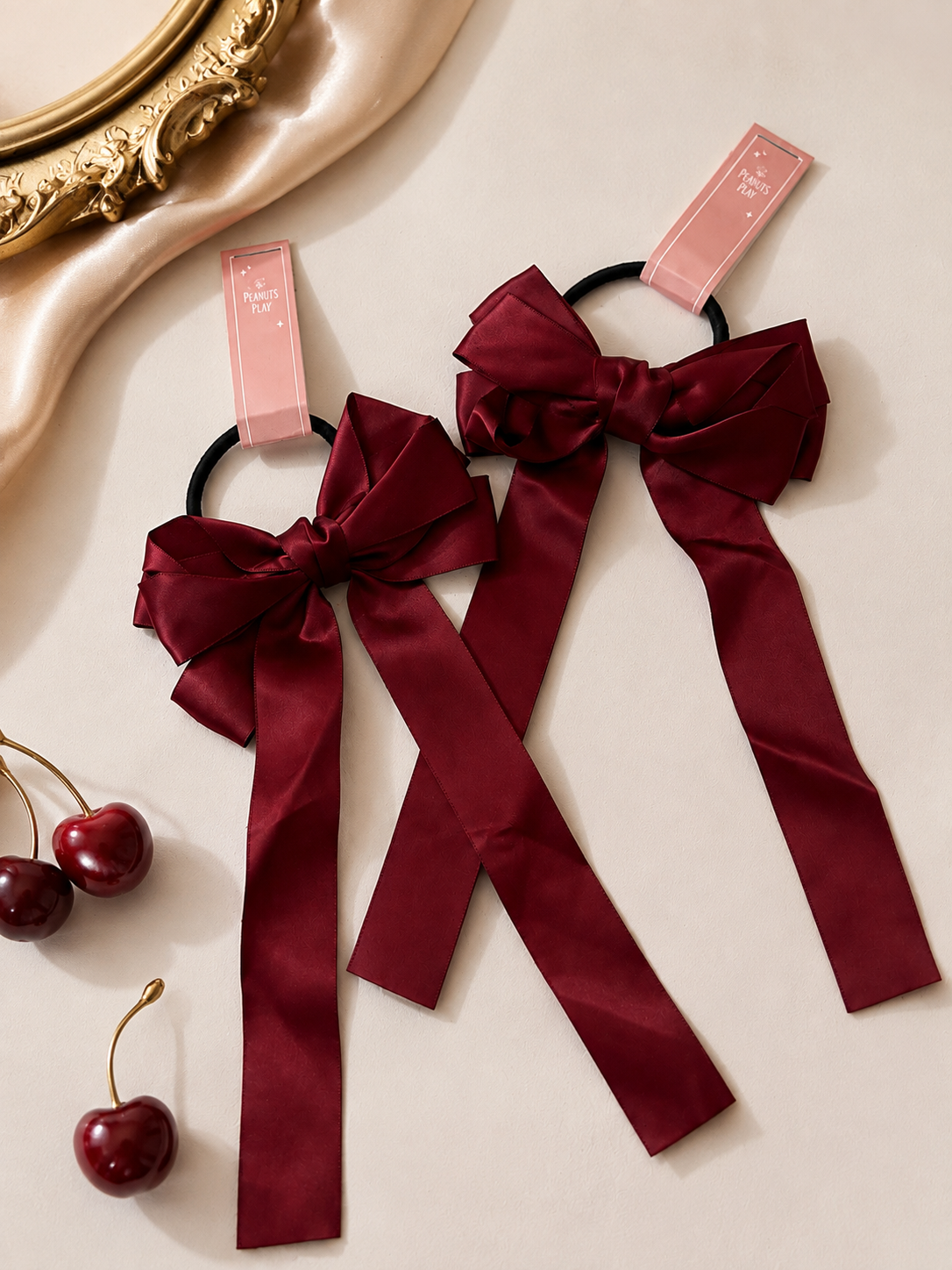 c (1) Burgundy Satin Long Tail Hair Tie - Image 1