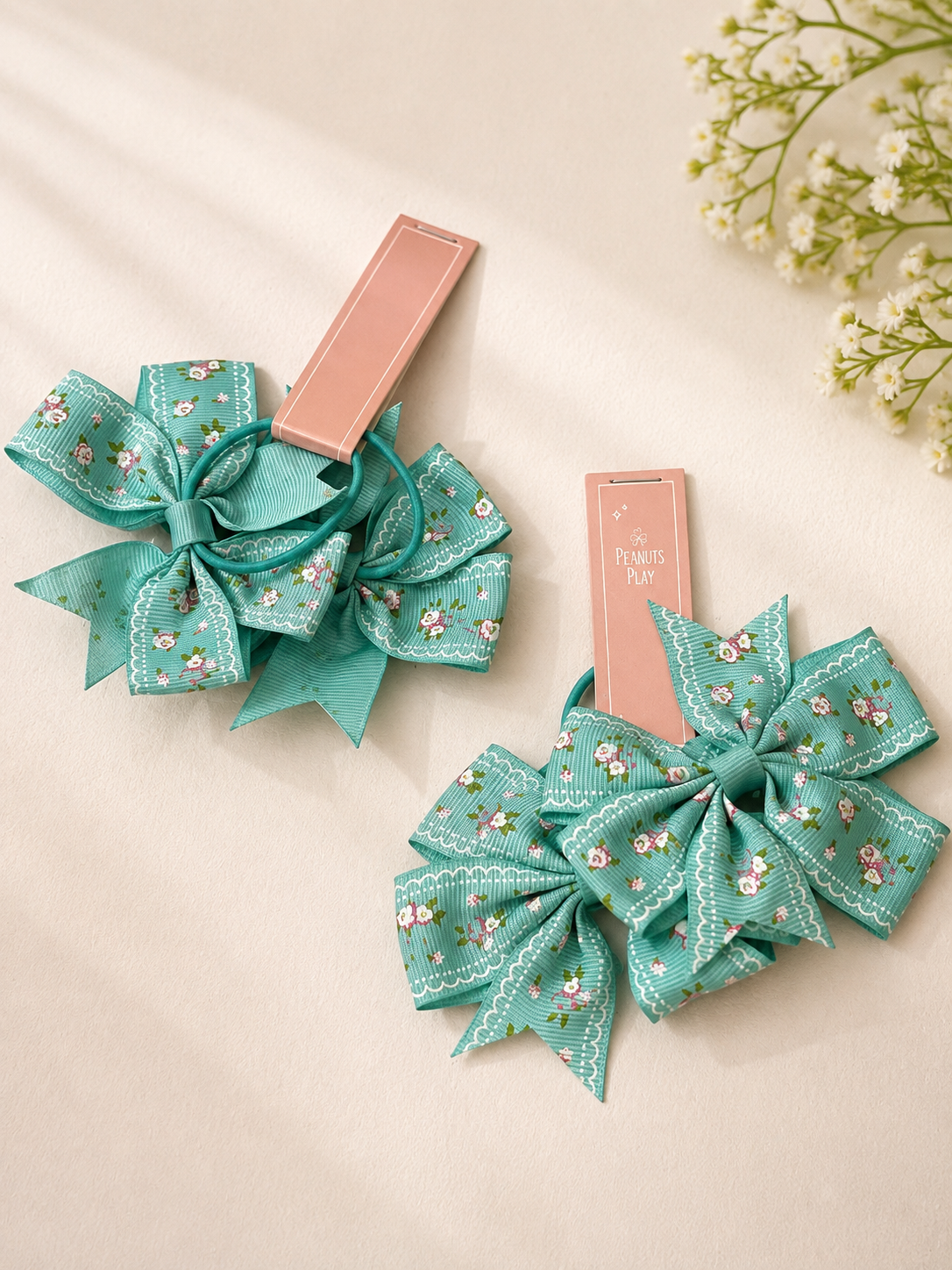 i (3) Sea Green Floral Bow Hair Tie - Image 1